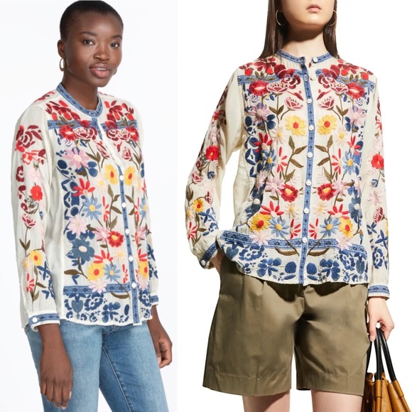 Johnny Was Edie Floral-Embroidered Button-Down Blouse Size XXS - Picture 6 of 10